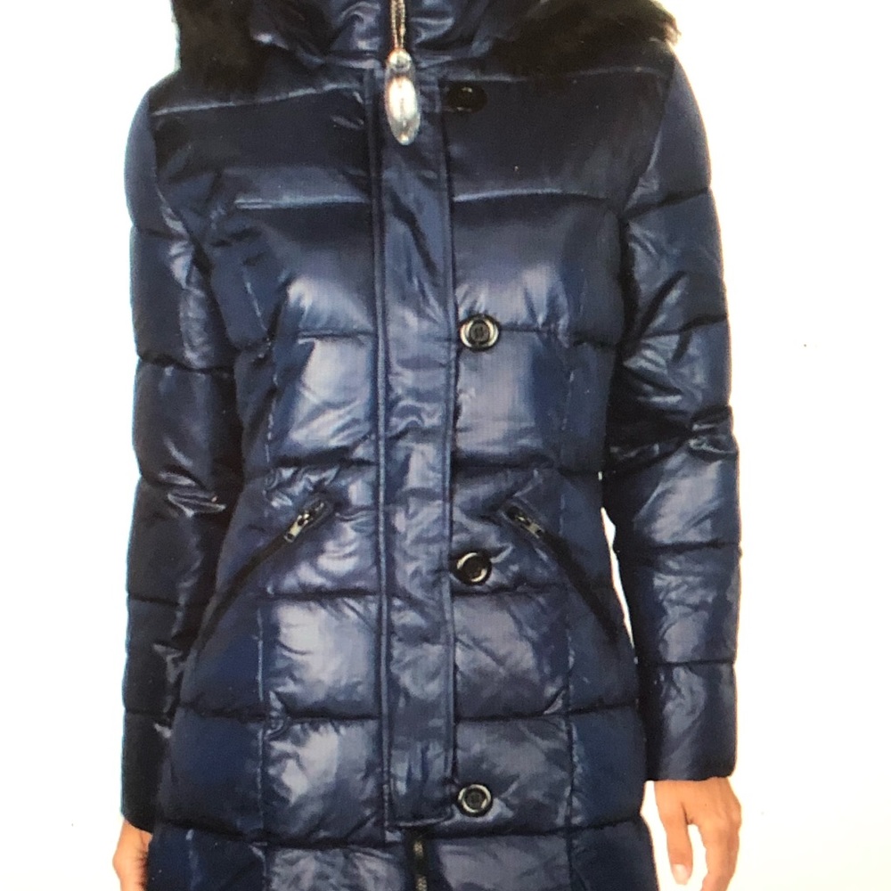 Pink Platinum Womens Winter Puffer Coat sz L Navy Blue pant length